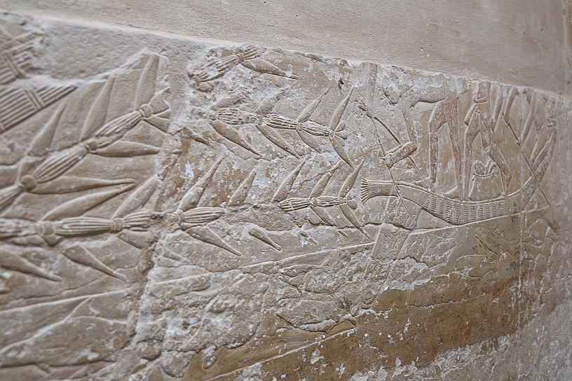 38 MAK_6909.jpg - Uomini impegnati in attività di pesca su piccole imbarcazioni tra i canneti del Nilo, sono raffigurati vari animali, tra cui libellule, cavallette e rane, spesso inclusi nelle scene di palude per scopi decorativi o simbolici.